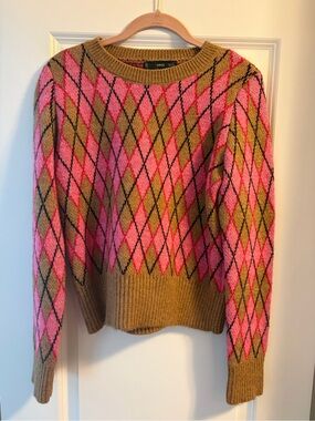 Mango Pink & Camel Argyle Crew Sweater